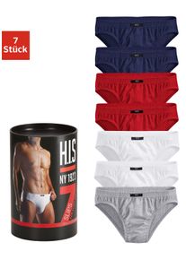H.I.S. Slip H.I.S "Unterhosen f&uuml;r Herren", Herren, Gr. 4 (S), 7 Stk., bunt (marine, rot, wei&szlig;, grau, meliert), Jersey, Obermaterial: 95% Baumwolle, 5% Elasthan, unifarben, k&ouml;rpernah, Unterhosen Slip, aus Baumwoll-Mix in einer Dose verpackt, Topseller