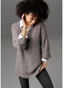 Longpullover Aniston CASUAL, Damen, Gr. 34, grau (grau, meliert), Grobstrick, Obermaterial: 100% Polyacryl, meliert, sehr weit Po-bedeckend, V-Ausschnitt, Strickb&uuml;ndchen, Pullover Longpullover, mit fixierten Umschlag an den langen &Auml;rmeln
