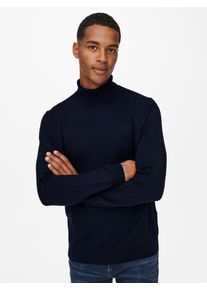 Only & Sons Rollkragenpullover ONLY & SONS "ONSWYLER LIFE REG ROLL NECK KNIT NOOS", Herren, Gr. S, blau (schwarz navy), Feinstrick, Obermaterial: 78% Viskose, 22% Polyester, unifarben, normal normal, Rundhals, Rippb&uuml;ndchen, Pullover Rollkragenpullover