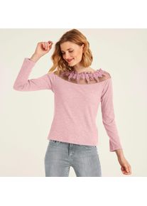 Langarmshirt Heine "Shirt", Damen, Gr. 34, rosa (softrose), 50% Polyester, 45% Viskose, 5% Elasthan, Spitze:80% Baumwolle, 20% Polyester, unifarben, U-Boot-Ausschnitt, Shirts Langarmshirt