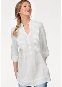 Longbluse Aniston CASUAL, Damen, Gr. 46, wei&szlig; (sanftes wei&szlig;), Web, Obermaterial: 100% Baumwolle, unifarben, figurumspielend ca. Mitte Oberschenkel, Rundhals, 1-Knopf-Manschette krempelbar, Blusen Longbluse, mit dekorativer Biesenverarbeitung, Topseller