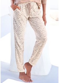 Schlafhose Lascana, Damen, Gr. 44/46, N-Gr, braun (ecru, nougat), Single Jersey, Obermaterial: 50% Baumwolle, 50% Viskose, gemustert, bequem lang, Hosen Schlafhose, Uni oder mit tollem Animal-Print