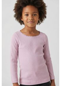 Langarmshirt name it "NMFKAB LS TOP NOOS", M&auml;dchen, Gr. 104, fragrant lila, Feinripp, Obermaterial: 57% Baumwolle, 38% Modal, 5% Elasthan, unifarben, regular fit h&uuml;ftbedeckend, Rundhals, abgesteppte Kante, Shirts Langarmshirt, in Feinripp und mit s&uuml;&szlig;er Spitzenkante am Ausschnitt