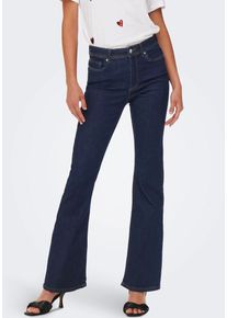 Bootcut-Jeans Only "ONLWAUW LIFE HW FLARED RINSE DNM", Damen, Gr. M (38), L&auml;nge 32, blau (dunkelblau denim), Denim/Jeans, Obermaterial: 64% Baumwolle, 31% Polyester, 3% Viskose, 2% Elasthan, Abriebeffekte, figurbetont, Jeans Bootcut-Jeans, mit Stretch
