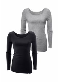 Langarmshirt Bench. "aus feiner Rippware", Damen, Gr. 32/34, schwarz (schwarz, grau, meliert), Feinripp, Obermaterial: 100% Baumwolle, unifarben, Basic, figurbetont extralang, tiefer Rundhals, Shirts Langarmshirt, aus weicher Baumwoll-Qualit&auml;t, Topseller