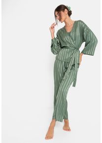 Pyjama LSCN BY LASCANA, Damen, Gr. 46, gr&uuml;n (dunkles tannengr&uuml;n gestreift), Satin, Obermaterial: 97% Polyester, 3% Elasthan, gestreift, loose fit lang, Kimono&auml;rmel abgesteppt, Homewear-Sets Pyjama, im Kimono-Stil