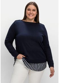 2-in-1-Langarmshirt sheego "2-in-1-Shirt", Damen, Gr. 48/50, blau (nachtblau), 100% Baumwolle, gemustert, gestreift, unifarben, U-Boot-Ausschnitt, Shirts 2-in-1-Langarmshirt