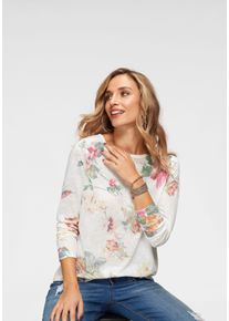 Langarmshirt Aniston CASUAL, Damen, Gr. 40, bunt (wollwei&szlig;, gelb, pink, gr&uuml;n), Feinstrick, Obermaterial: 100% Polyester, gemustert, leicht transparent, figurumspielend Po-bedeckend, Rundhals, Shirts Langarmshirt, mit gro&szlig;fl&auml;chigem Blumendruck und V&ouml;geln