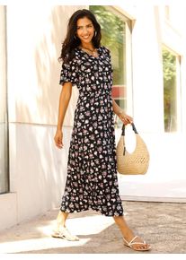 Druckkleid Classic Basics "Jersey-Kleid", Damen, Gr. 56, Normalgr&ouml;&szlig;en, schwarz, altrosa, bedruckt, Jersey, 100% Viskose, bedruckt, gebl&uuml;mt, gemustert, mehrfarbig, wadenlang, V-Ausschnitt, Kleider Druckkleid