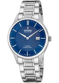 Quarzuhr Festina, silber (silberfarben, blau), Armbanduhren, Damen, Quarzuhr, Armbanduhr, Damenuhr, Herrenuhr, Swiss Made, Edelstahlarmband, Datum
