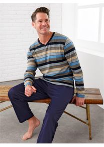Schlafanzug Hajo, Herren, Gr. 44/46, blau (marine, beige, geringelt), 62% Baumwolle, 38% Polyester, Homewear-Sets Schlafanzug