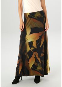 Maxirock Aniston SELECTED, Damen, Gr. 42, schwarz (camel, schwarz, beige, terra, senfgelb, schwarz, oliv), Netz, Obermaterial: 95% Polyester, 5% Elasthan. Futter: 95% Viskose, 5% Elasthan, bedruckt, gemustert, figurumspielend kn&ouml;chelfrei, R&ouml;cke Maxirock, mit farbharmonischen Batikdessin