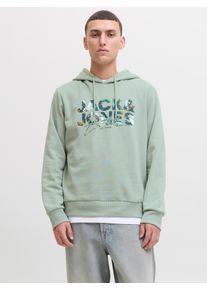 Jack & Jones Kapuzensweatshirt JACK & JONES "JJGEPLAS SWEAT HOOD", Herren, Gr. S, gr&uuml;n (iceberg gr&uuml;n), angeraute Sweatware, Obermaterial: 60% Baumwolle, 40% Polyester, bedruckt, regular fit normal, Rippb&uuml;ndchen, Sweatshirts Kapuzensweatshirt