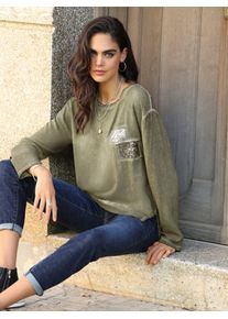 Langarmbluse Heine, Damen, Gr. 38, khaki, 100% Viskose, Einsatz:100% Baumwolle, unifarben, Rundhals, Blusen Langarmbluse