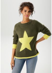 Strickpullover Aniston CASUAL, Damen, Gr. 46, gelb (oliv, gelb), Strick, Obermaterial: 100% Polyacryl, unifarben mit Farbeinsatz, figurumspielend h&uuml;ftlang, Rundhals, Raglan&auml;rmel Rippstrickb&uuml;ndchen, Pullover Strickpullover, mit gro&szlig;em Stern im Vorderteil