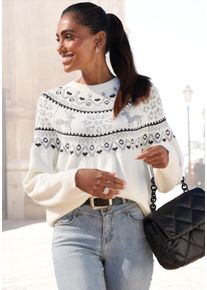 Norwegerpullover Lascana, Damen, Gr. 36/38, wei&szlig;, Strick, Obermaterial: 84% Polyacryl, 8% Polyamid, 6% Polyester, 2% Elasthan, gemustert, figurumspielend h&uuml;ftlang, Rundhals, Raglan&auml;rmel, Pullover Norwegerpullover, aus weichem Strick, Weihnachtspullover, Strickpullover mit Wintermotiv