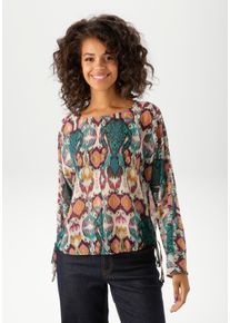 Schlupfbluse Aniston CASUAL, Damen, Gr. 44/46, rot (sand, petrol, smaragd, schwarz, flieder, ocker, bordeaux, lachs), Georgette, Obermaterial: 100% Polyester, bedruckt, ethno, leicht transparent, oversize kurz, Rundhals, Fledermaus&auml;rmel, Blusen Schlupfbluse, mit farbenfrohen Ethno-Druck - jedes Teil ein Unikat