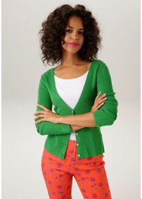 Strickjacke Aniston CASUAL, Damen, Gr. 44, gr&uuml;n, Feinstrick, Obermaterial: 50% Polyacryl, 50% Viskose, unifarben, figurbetont h&uuml;ftlang, V-Ausschnitt, Strickkante, Strickjacken Strickjacke, in trendiger Farbpalette