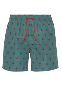 Badeshorts s.Oliver, Herren, Gr. S, N-Gr, bunt (petrol, hummer), Microfaser, Recycling-Polyester, bedruckt, kontrastfarbene Details, Badehosen Badeshorts, mit Palmen-Design