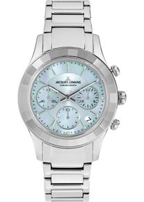 Chronograph Jacques Lemans "Venice", silber (silberfarben, hellblau), Armbanduhren, Damen, Chronograph, Armbanduhr, Damenuhr, Edelstahlarmband, Stoppfunktion, Datum, Perlmutt