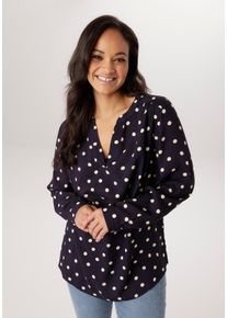 Schlupfbluse ANISTON PLUS, Damen, Gr. 44, marine, wollwei&szlig;, Web, Obermaterial: 100% Viskose, bedruckt, gemustert, gepunktet, figurumspielend Po-bedeckend, Rundhals, Krempel&auml;rmel 1-Knopf-Manschette, Blusen Schlupfbluse, in trendigem P&uuml;nktchendessin - NEUE KOLLEKTION