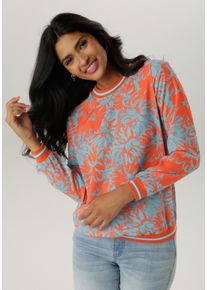 Shirtbluse Aniston SELECTED, Damen, Gr. 42, bunt (orange, hellblau, wei&szlig;), Cr&ecirc;pe, Obermaterial: 97% Polyester, 3% Elasthan, bedruckt, gebl&uuml;mt, gemustert, figurumspielend h&uuml;ftbedeckend, Rundhals, B&uuml;ndchen, Blusen Shirtbluse, mit sportiven B&uuml;ndchen, Topseller