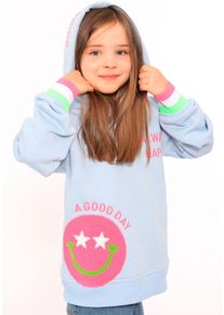 Hoodie Zwillingsherz "Always Happy" Kids", M&auml;dchen, Gr. 110/116, blau, Sweatware, Obermaterial: 50% Baumwolle, 50% Polyester, regular fit h&uuml;ftbedeckend, ohne Ausschnitt, angesetztes B&uuml;ndchen, Sweatshirts Hoodie, mit gro&szlig;em Smiley und neonfarbenen Details