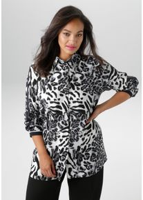 Hemdbluse ANISTON PLUS, Damen, Gr. 54, schwarz (grau, wei&szlig;, schwarz), Web, Obermaterial: 100% Viskose, figurumspielend Po-bedeckend, B&uuml;ndchen, Blusen Hemdbluse, in trendigen Animal Dessin