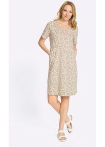 Sommerkleid Classic Basics "Kleid", Damen, Gr. 38, Normalgr&ouml;&szlig;en, beige, ecru, bedruckt, 95% Baumwolle, 5% Elasthan, gemustert, mehrfarbig, knielang, V-Ausschnitt, Kleider Sommerkleid