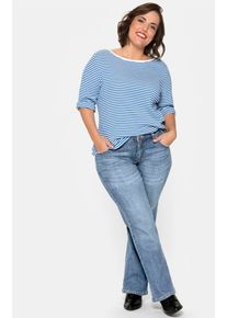 Bootcut-Jeans sheego, Damen, Gr. 40, Normalgr&ouml;&szlig;en, blau (blau denim), 75% Baumwolle, 24% Polyester, 1% Elasthan, unifarben, lang, Jeans Bootcut-Jeans