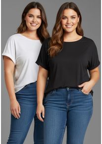 T-Shirt LAURA SCOTT CURVE, Damen, Gr. 56/58, schwarz-wei&szlig; (schwarz, wei&szlig;), Jersey, Obermaterial: 95% Viskose, 5% Elasthan, unifarben, Basic, figurumspielend h&uuml;ftbedeckend, Rundhals, Aufschlag, Shirts T-Shirt, im 2er Pack mit modischem &Auml;rmelaufschlag - GROSSE GR&Ouml;SSEN, Topseller