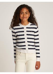 Strickjacke Tommy Hilfiger "MINI CABLE CARDIGAN", M&auml;dchen, Gr. 80, blau (ivory petal, base navy), Strick, Obermaterial: 50% Viskose, 28% Polyester, 22% Polyamid, gestreift, regular fit, Rundhals, Rippstrickb&uuml;ndchen, Strickjacken Strickjacke, mit kleinem Zopfmuster