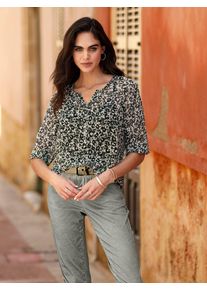 Langarmbluse Heine, Damen, Gr. 46, khaki, schwarz, bedruckt, 100% Polyester, bedruckt, gemustert, mehrfarbig, Rundhals, Blusen Langarmbluse