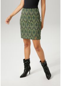 Minirock Aniston CASUAL, Damen, Gr. 40, schwarz, smaragdgr&uuml;n, wollwei&szlig;, gelb, apfelgr&uuml;n, Jersey, Obermaterial: 63% Polyester, 34% Viskose, 3% Elasthan, Jacquardmuster, gemustert, sehr figurbetont kniefrei, R&ouml;cke Minirock, mit farbharmonischem Ornament-Muster, Topseller