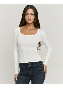 Langarmshirt Tally Weijl "STSCOORLA", Damen, Gr. S, sanftes wei&szlig;, Jersey, Obermaterial: 100% Baumwolle, unifarben, figurbetont taillenbedeckt, tiefer Rundhals, Shirts Langarmshirt, Baumwollmischung, figurbetont