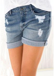 Jeansbermudas Buffalo, Damen, Gr. 44, N-Gr, blau (blau washed), Denim/Jeans, Obermaterial: 98% Baumwolle, 2% Elasthan, Destroyed-Effekte, figurumspielend kurz, Jeans Jeansbermudas, mit Destroyed-Effekten, Shorts zum Krempeln, kurze Hose, Topseller