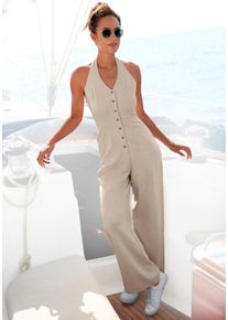 Neckholder-Overall Lascana, Damen, Gr. 38, N-Gr, beige (sand), Web, Obermaterial: 50% Leinen, 50% Viskose, unifarben, figurbetont lang, Neckholder, Overalls Neckholder-Overall, aus Leinen-Mix, sommerlicher Jumpsuit mit weitem Bein, Topseller