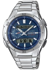 Funkchronograph CASIO FUNK, blau (silberfarben), Armbanduhren, Herren, Funkchronograph, Solaruhr, Armbanduhr, Digitaluhr,Edelstahlarmband, bis 10 bar wasserd.