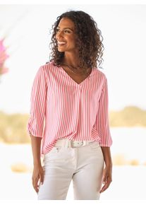 Schlupfbluse Heine, Damen, Gr. 34, rot (grapefruit, ecru, gestreift), 100% Viskose, bedruckt, gemustert, mehrfarbig, V-Ausschnitt, Blusen Schlupfbluse