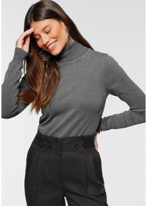 Rollkragenpullover Bruno Banani, Damen, Gr. 40/42, grau (grau melange), Feinstrick, Obermaterial: 70% Viskose, 30% Polyamid, clean, unifarben, Basic, figurbetont h&uuml;ftlang, hoch geschlossener Ausschnitt, Rippb&uuml;ndchen, Pullover Rollkragenpullover, mit Metalllogo