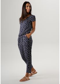 Jumpsuit Aniston SELECTED, Damen, Gr. 42, N-Gr, blau (dunkelblau, wei&szlig;), Single Jersey, Obermaterial: 95% Viskose, 5% Elasthan, bedruckt, figurumspielend wadenlang, V-Ausschnitt, Overalls Jumpsuit, mit Palmen bedruckt, Topseller