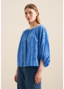 Shirtbluse Seidensticker "Schwarze Rose", Damen, Gr. M38, blau, 75% Baumwolle, 25% Polyester, unifarben, regular fit, Rundhals, Blusen Shirtbluse, 3/4 Rundhals Stickerei