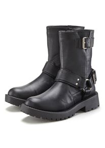 Bikerboots Lascana, Damen, Gr. 37, schwarz, Obermaterial: 100% Lederimitat. Decksohle: 100% Lederimitat. Futter: 100% Lederimitat. Laufsohle: 100% Synthetik, unifarben, Schuhe Bikerboots, mit trendigen Zierschnallen, Stiefel, Stiefelette