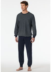 Schlafanzug Schiesser "Comfort Essentials", Herren, Gr. 52, blau (804, nachtblau), Single Jersey, Obermaterial: 100% Baumwolle, gestreift, unifarben, regular fit lang, Rundhals, Homewear-Sets Schlafanzug, mit gestreiftem Oberteil