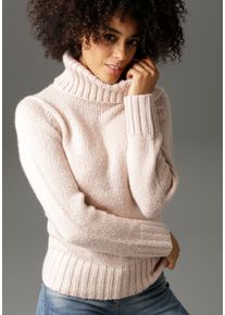 Rollkragenpullover Aniston CASUAL, Damen, Gr. 34, rosa (altrosa), Grobstrick, Obermaterial: 100% Polyacryl, unifarben, figurbetont h&uuml;ftbedeckend, breiter Bund, Pullover Rollkragenpullover