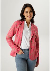 Kurzblazer Aniston SELECTED, Damen, Gr. 46, rosa (beige, koralle), Jersey, Obermaterial: 67% Polyester, 31% Viskose, 2% Elasthan, gemustert, figurbetont h&uuml;ftlang, Blazer Kurzblazer, in trendy Jacquard-Qualit&auml;t - NEUE KOLLEKTION