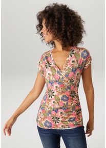 T-Shirt Aniston CASUAL, Damen, Gr. 36, pink, jeansblau, wollwei&szlig;, gr&uuml;n, oliv, gelb, rosa, braun, sand, Single Jersey, Obermaterial: 95% Viskose, 5% Elasthan, bedruckt, gebl&uuml;mt, figurbetont h&uuml;ftlang, V-Ausschnitt, B&uuml;ndchen, Shirts T-Shirt, mit farbenfrohen Bl&uuml;ten bedruckt - NEUE KOLLEKTION