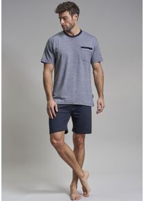 G&ouml;tzburg Shorty G&Ouml;TZBURG "Upper West", Herren, Gr. 50 (M), blau (blau, mittel, melange), Single Jersey, Obermaterial: 60% Baumwolle, 40% Polyester, mehrfarbig, meliert, bequem kniefrei, Rundhals, Homewear-Sets Shorty, Kurzarm, Rundhalsausschnitt, kurze Hose, Baumwollmix, weich
