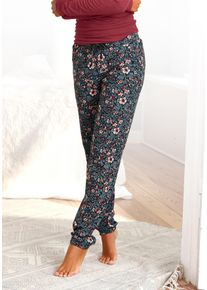 Schlafhose s.Oliver, Damen, Gr. 44/46, N-Gr, bunt (blau, gebl&uuml;mt, weinrot), Jersey, Obermaterial: 50% Baumwolle, 50% Viskose, gebl&uuml;mt, gemustert, mehrfarbig, Basic, Basic lang, Hosen Schlafhose, mit Allover-Muster und kontrastfarbener Kordel