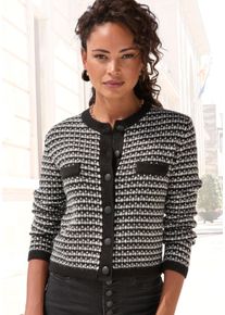Strickjacke Lascana, Damen, Gr. 44/46, schwarz-wei&szlig; (schwarz, wei&szlig; kariert), Strick, Obermaterial: 89% Polyacryl, 6% Polyester, 5% Elasthan, kariert, figurbetont h&uuml;ftlang, Rundhals, Strickjacken Strickjacke, mit Karomuster, markante Knopfleiste, casual-chic, Topseller